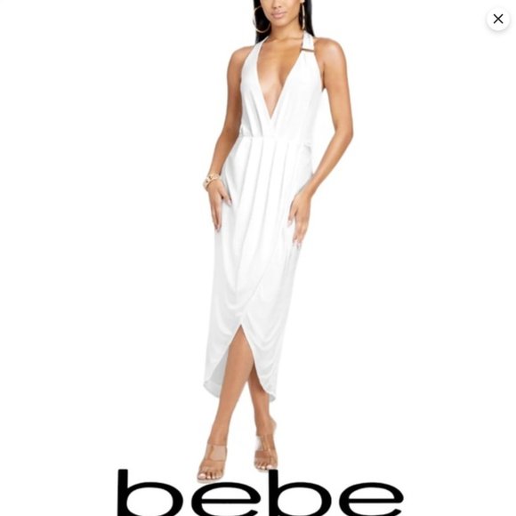 Bebe Asymmetrical Halter Neck Slinky Dress - Egret / M - Picture 1 of 16